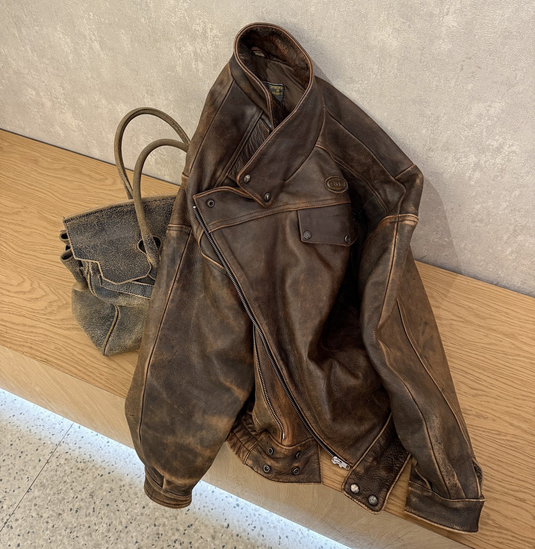 Vintage real leather washed motor jacket brown