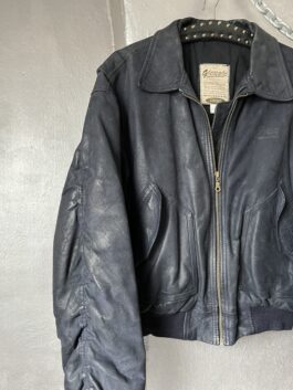 Vintage oversized real leather bomberjacket with pleated sleeves navy/black