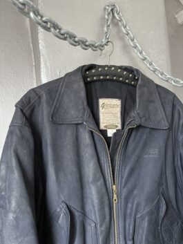 Vintage oversized real leather bomberjacket with pleated sleeves navy/black