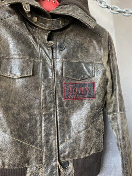 Vintage real leather washed jacket with high collar brown