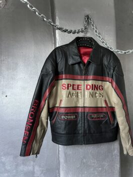 Vintage oversized real leather racing jacket black red