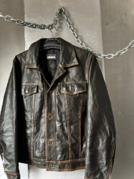 Vintage real leather denim look jacket washed brown