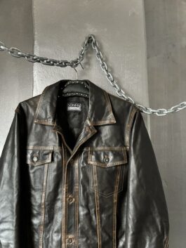 Vintage real leather denim look jacket washed brown
