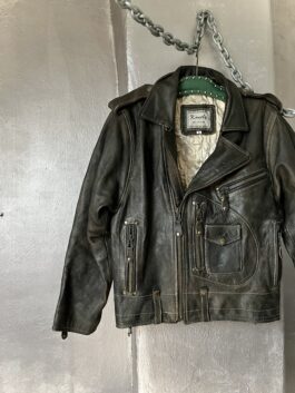 Vintage oversized real leather biker jacket washed black brown