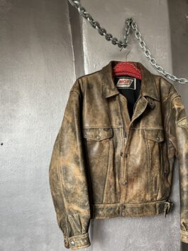 Vintage MQP oversized real leather biker jacket washed brown