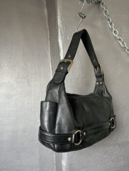 Vintage real leather handbag with buckle strap black