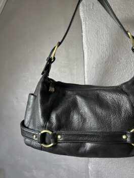 Vintage real leather handbag with buckle strap black