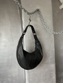 Vintage real leather shoulderbag oval with studs black