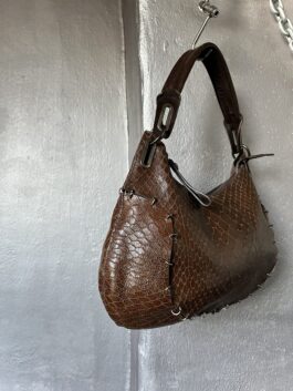 Vintage real leather handbag with snakeskin and silver rings brown