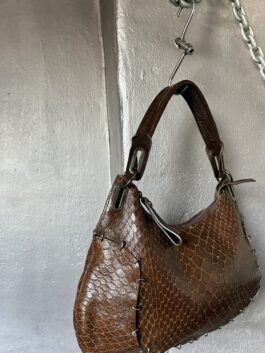 Vintage real leather handbag with snakeskin and silver rings brown