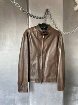 Vintage oversized real leather motorcross jacket with double zip brown