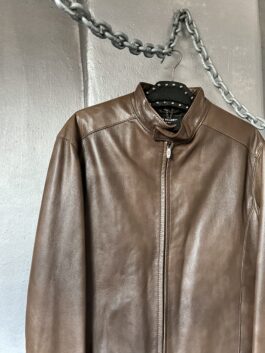 Vintage oversized real leather motorcross jacket with double zip brown