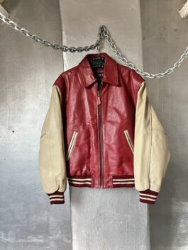 Vintage oversized real leather bomber varsity jacket beige red