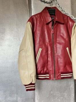 Vintage oversized real leather bomber varsity jacket beige red