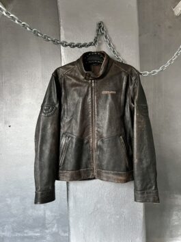 Vintage real leather racing motor jacket washed brown