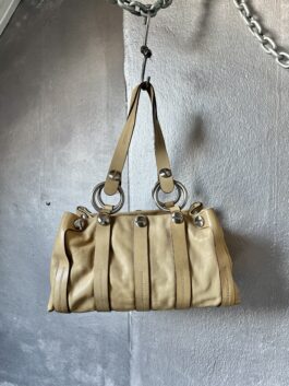 Vintage real leather handbag with silver rings beige