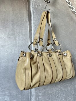 Vintage real leather handbag with silver rings beige