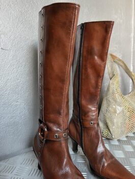 Vintage genuine leather heeled boots cognac