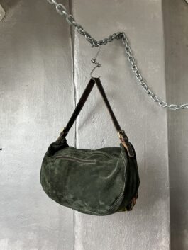 Vintage real leather shoulderbag with brown details green