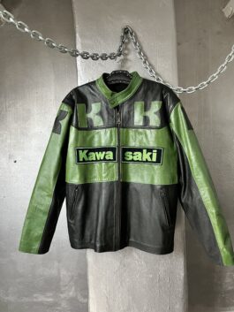 Vintage Kawasaki oversized real leather motorcross racing jacket black green