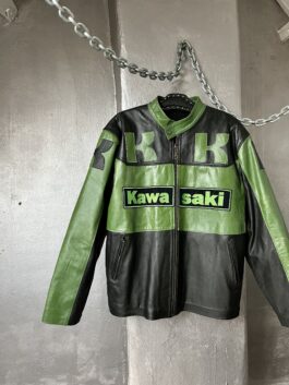 Vintage Kawasaki oversized real leather motorcross racing jacket black green