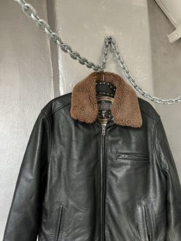 Vintage oversized real leather racing jacket with teddy collar