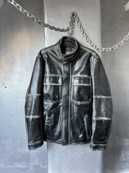 Vintage oversized real leather utility racing jacket washed grey