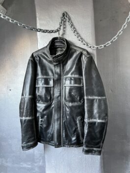 Vintage oversized real leather utility racing jacket washed grey