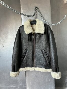 Vintage oversized real leather aviator shearling coat brown