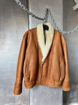 Vintage oversized real leather lammy shearling coat brown cognac