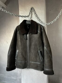 Vintage oversized real leather aviator shearling coat brown black