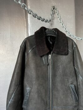 Vintage oversized real leather aviator shearling coat brown black