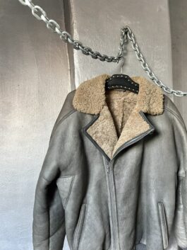 Vintage oversized real leather lammy shearling coat grey