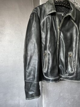 Vintage oversized real leather racing jacket washed black grey