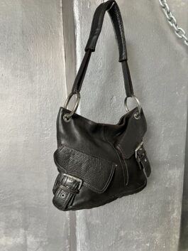 Vintage real leather shoulderbag with buckle strap details dark brown