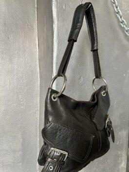 Vintage real leather shoulderbag with buckle strap details dark brown