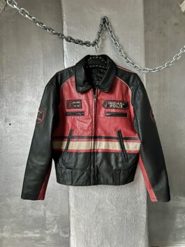 Vintage oversized real leather racing jacket black red