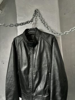 Vintage real leather motorcross racing jacket with double zip black