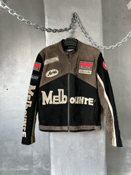 Vintage real leather motorcross racing jacket black brown