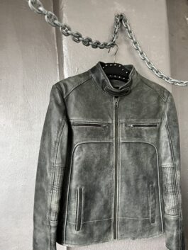 Vintage real leather motorcross racing jacket washed grey green