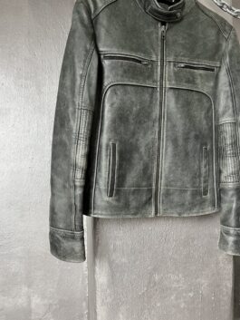 Vintage real leather motorcross racing jacket washed grey green