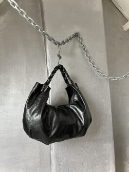 Vintage real leather handbag with silver chain strap black