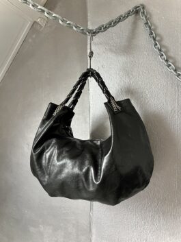 Vintage real leather handbag with silver chain strap black