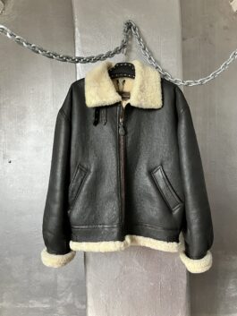 Vintage oversized real leather aviator shearling coat brown