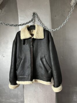 Vintage oversized real leather aviator shearling coat brown