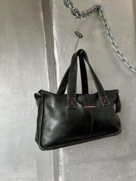 Vintage real leather handbag with red stitching black