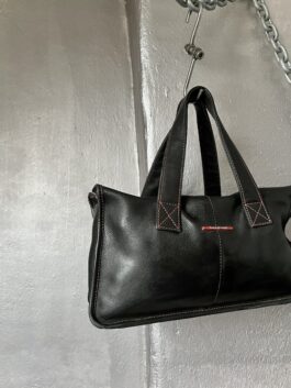 Vintage real leather handbag with red stitching black