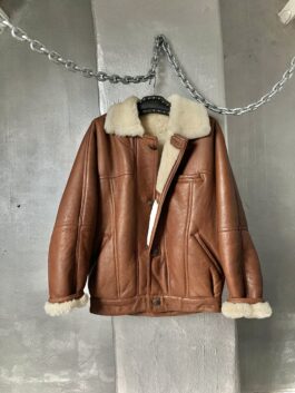Vintage oversized real leather lammy shearling coat brown cognac