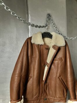 Vintage oversized real leather lammy shearling coat brown cognac