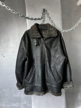 Vintage oversized real leather aviator shearling coat black